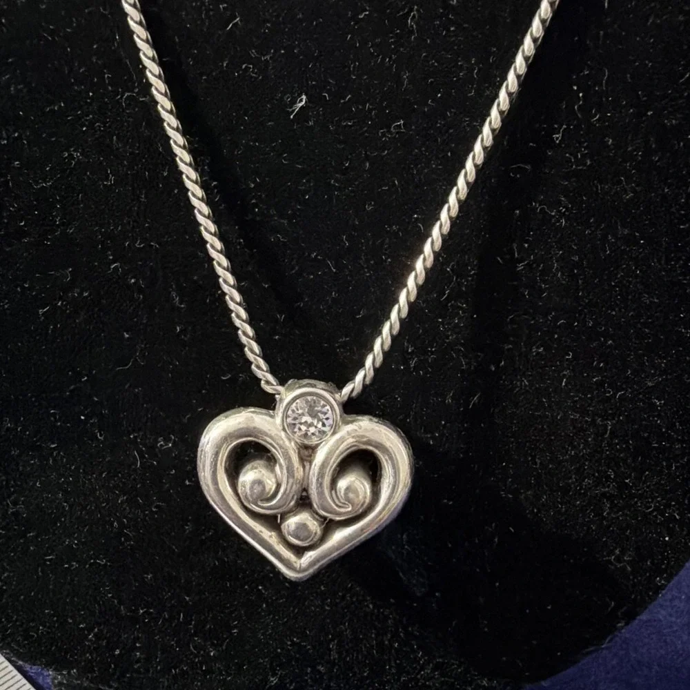 Brighton ALCAZAR Silver Scrolled Heart Crystal Long Necklace Badge Holder 32